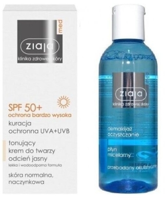 ZIAJA MED SPF50+ Tonujący krem do twarzy odcień jasny 50 ml + płyn micelarny 200 ml