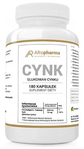 Altopharma Cynk 15mg Glukonian Cynku + Prebiotyk 180 kapsułek