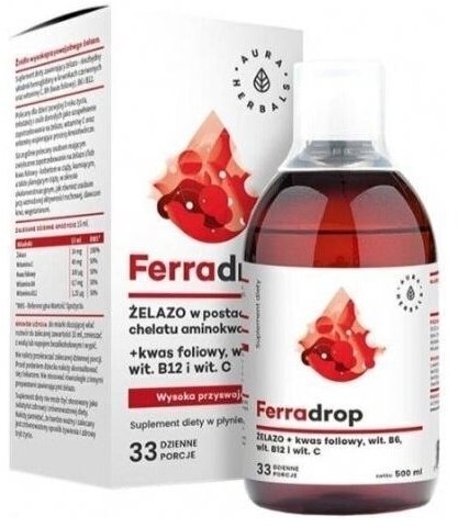 Aura Herbals Ferradrop Żelazo + Kwas Foliowy + Witamina C B6 B12 Płyn 500ml