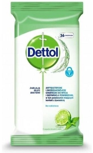 Dettol Antybakteryjne i Drożdżakobójcze Chusteczki Do Dezynfekcji Powierzchni Zapach Limonki 36 szt.