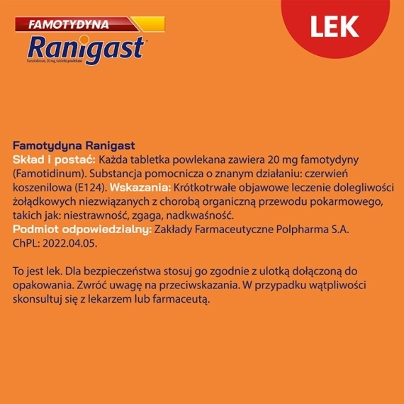 Famotydyna Ranigast 0,02g 30 tabletek powlekanych