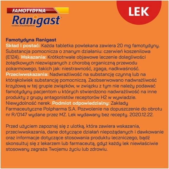 Famotydyna Ranigast 20 mg 20 tabletek powlekanych