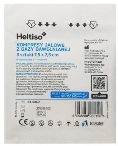 HELTISO kompresy jałowe 17 nitkowe 8 warstwowe 7,5x7,5 cm 3 szt