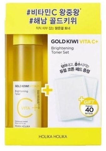 HOLIKA Gold Kiwi Vita C+ Brightening Toner rozjaśniająco-rewitalizujący toner Tonik 150ml + Płatki kosmetyczne 40 sztuk
