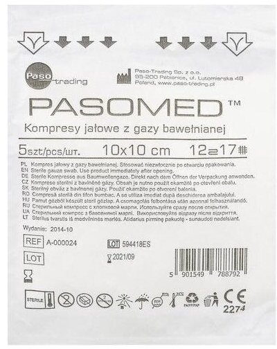 Kompresy jałowe PASO 17-nitkowe 12-warstwowe 10 cm x10 cm 5 sztuk