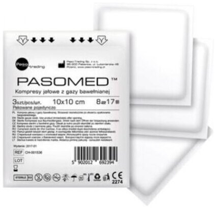 Kompresy jałowe PASOMED 17 nitkowe 8 warstwowe 10x10cm 3 sztuki