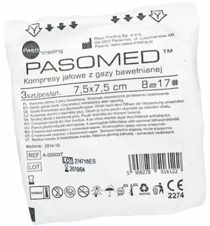 Kompresy jałowe Pasomed 17-nitkowe 8-warstwowe 7,5 cm x 7,5 cm 3 sztuki