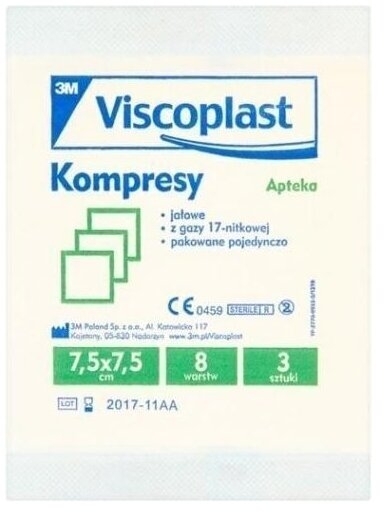 Kompresy jałowe VISCOPLAST 17 nitkowe 8 warstwowe 7,5 x 7,5 cm 3 sztuki