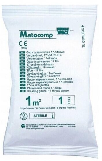 Matocomp Gaza Opatrunkowa Bawełniana Jałowa 17-nitkowa 1m2 1szt.