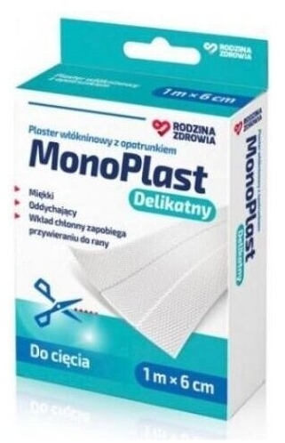 Plaster MonoPlast Delikatny 1m x 6cm włókninowy z opatrunkiem do cięcia