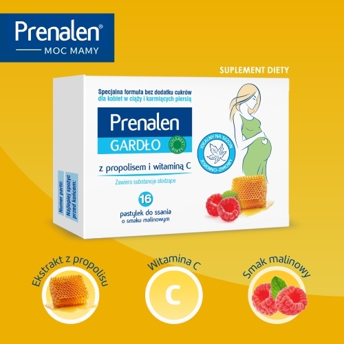 Prenalen Gardło Malina Propolis Dla Kobiet w Ciąży 16 pastylek do ssania