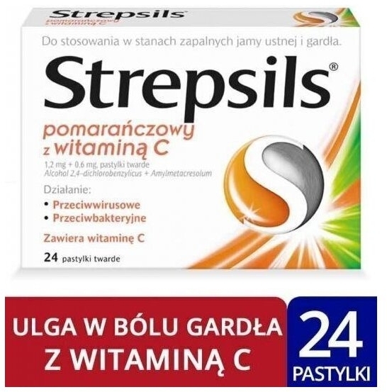 Strepsils pomarańczowy z witaminą C na ból gardła do ssania pastylki 24 szt.
