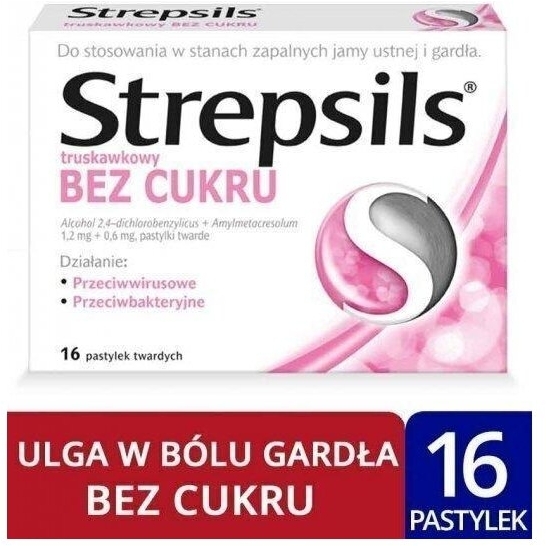Strepsils truskawkowy bez cukru na ból gardła do ssania pastylki 24 szt.