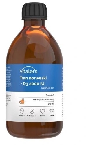 VITALER'S Tran norweski + Witamina D3 2000 IU smak pomarańczowy 250 ml
