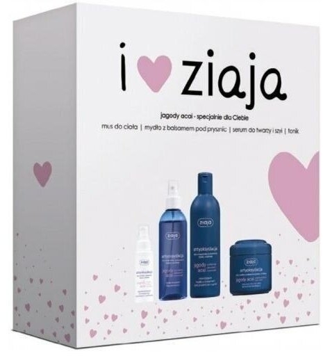 ZIAJA JAGODY ACAI zestaw upominkowy: Mus 200 ml + Mydło 300 ml + Serum 50 ml + Tonik 200 ml